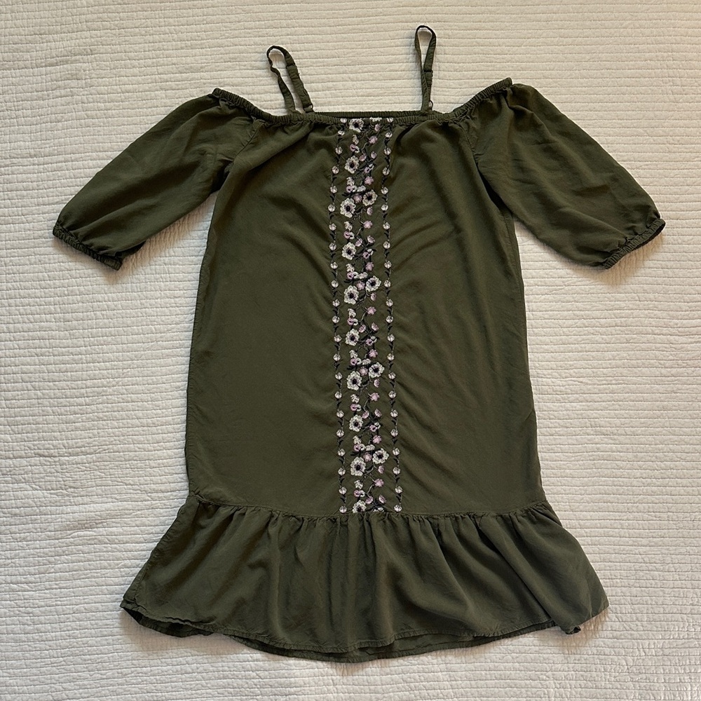 Old Navy Olive Green Off-Shoulder Dress with Floral Center Trim Size XL